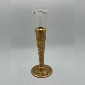 Mid Century Ransgil Crystal 22K Gold Encrusted Floral Overlay Bud Vase